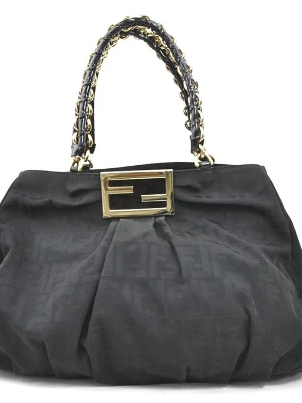 FENDI Zucca Mia Shoulder Bag Black Nylon Canvas/Patent Leather